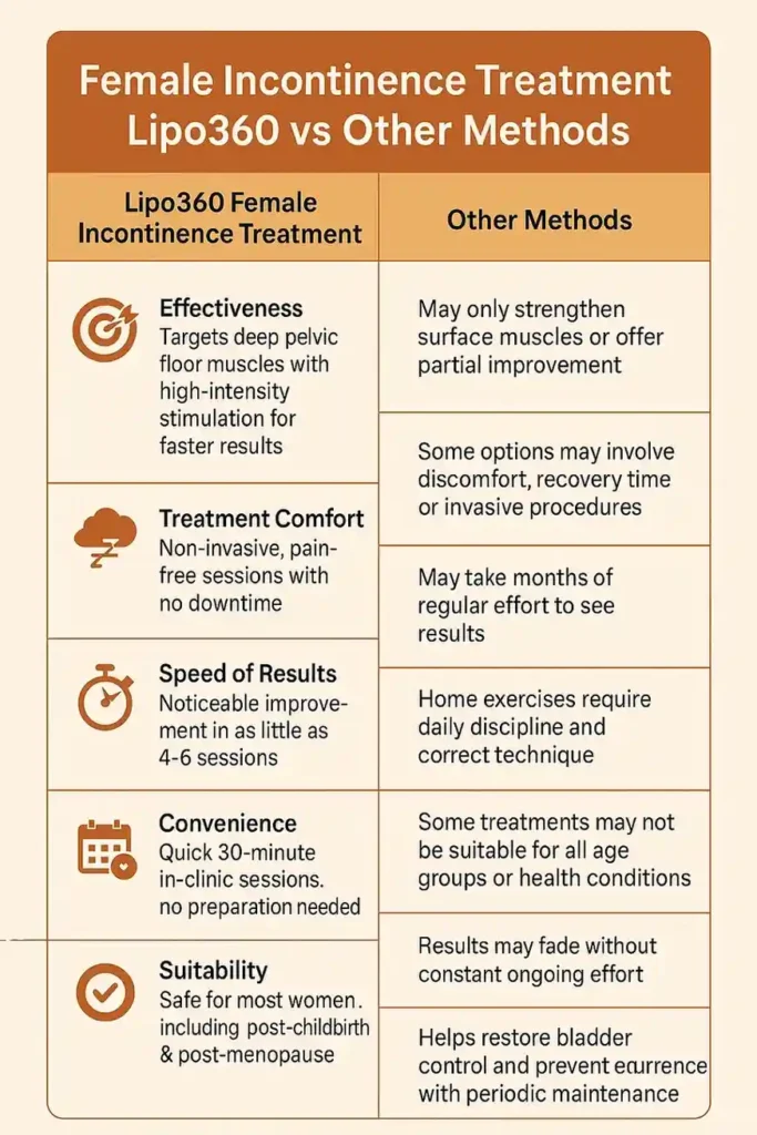 Table showing benefits of incontinence treatment Wisley